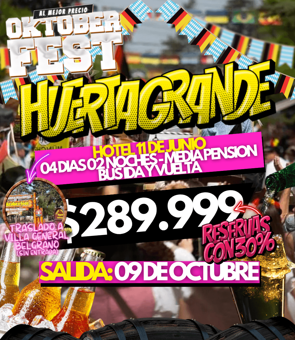 Paquete a Huerta Grande con fiesta de la cerveza Oktoberfest en Villa General Belgrano